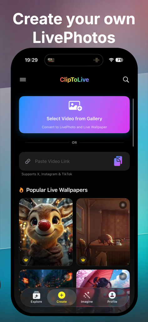 ClipToLive • Live Wallpapers - ClipToLive app interface showing options to convert gallery videos and social media links into custom Live Photo wallpapers.