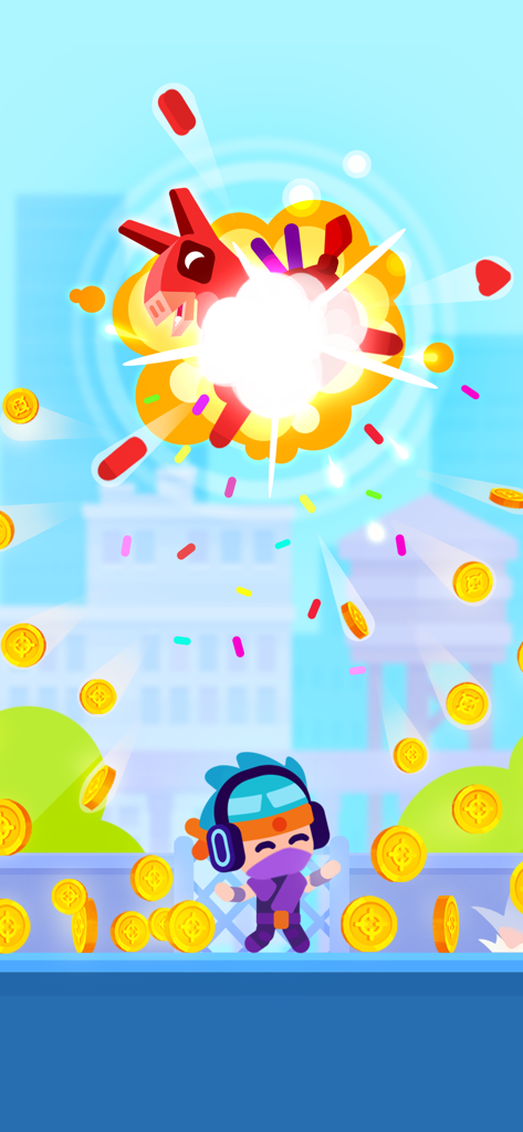 Pinatamasters - 빨간 라마 피냐타가 수많은 황금 동전과 알록달록한 색종이 조각으로 폭발하는 동안 축하하는 닌자 캐릭터