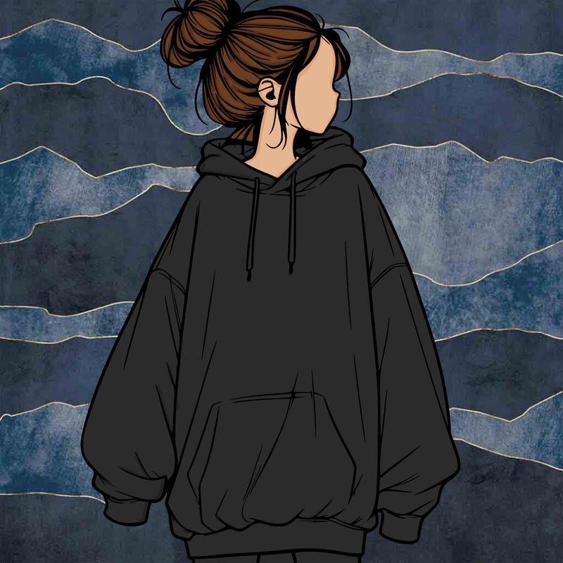 realistic girl with a oversized sweatshirt on and a bun