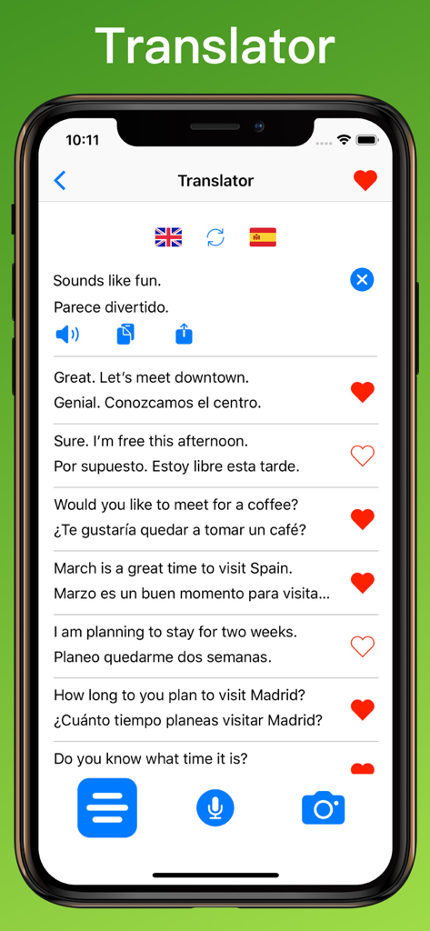 Spanish Translator + © - iPhone screen showing English to Spanish phrase translations with voice and photo options.