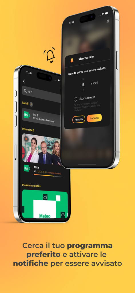 Guida Programmi TV - Pantalla de búsqueda y configuración de notificación de recordatorio en la aplicación Guida Programmi TV.