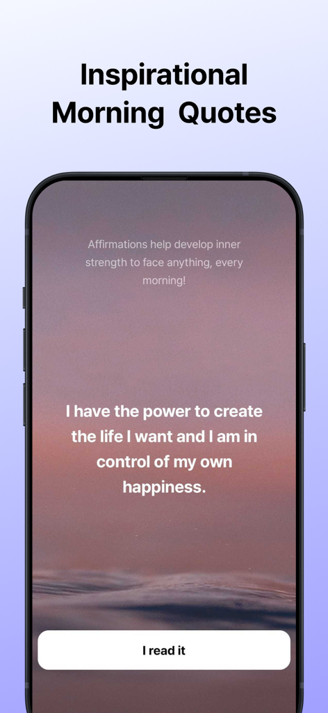 Sleep Routine: Tracker&Alarm - Ein Smartphone-Bildschirm, der eine inspirierende Morgenaffirmation von der Sleep Routine App zeigt.