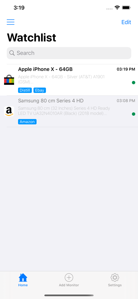 Watchlist screen in Distill Web Monitor showing price tracking for products on eBay and Amazon