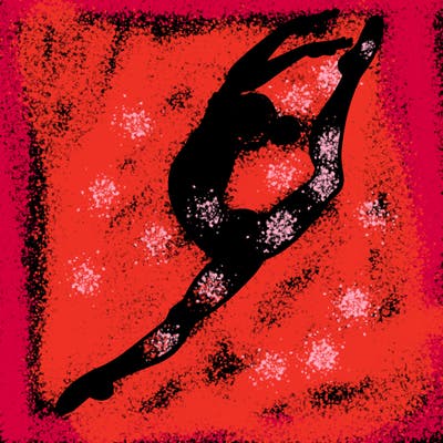 gymnast doing a leap in a leotard with a bent back leg