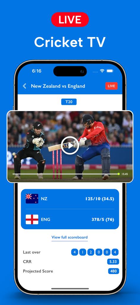 Live Cricket TV app interface showing a live match stream and scoreboard for New Zealand versus England.