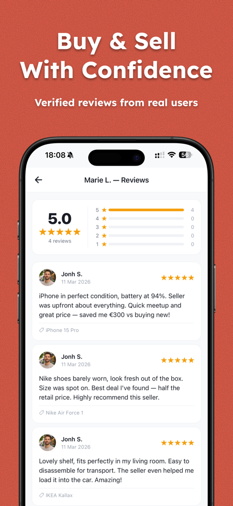 Smartphone mostrando la sección de reseñas de usuarios de la aplicación Fliply con altas calificaciones y comentarios verificados