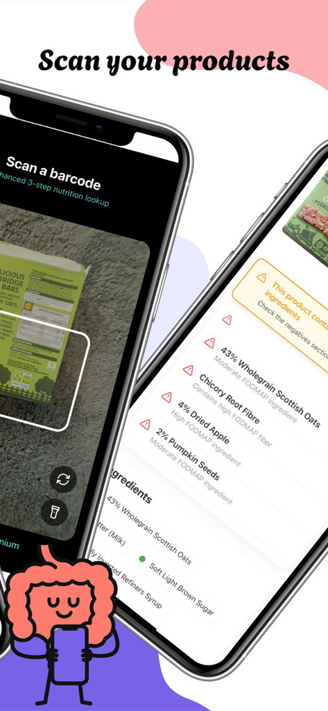 IBS Pal - Pantalla de la aplicación IBS Pal que muestra escaneo de código de barras y análisis de ingredientes FODMAP para la salud intestinal