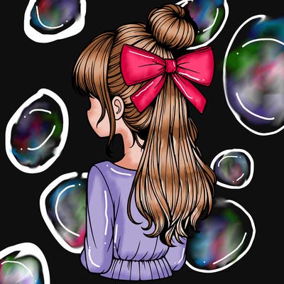 realistic girl  with hip length hair a bun and a big bow on the back of head