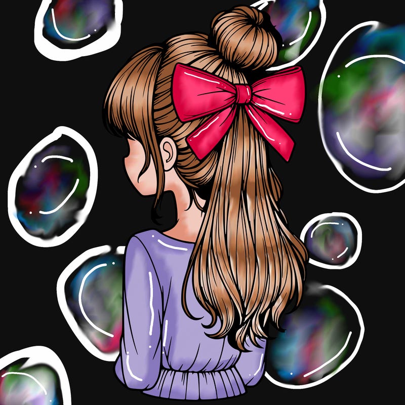 realistic girl  with hip length hair a bun and a big bow on the back of head