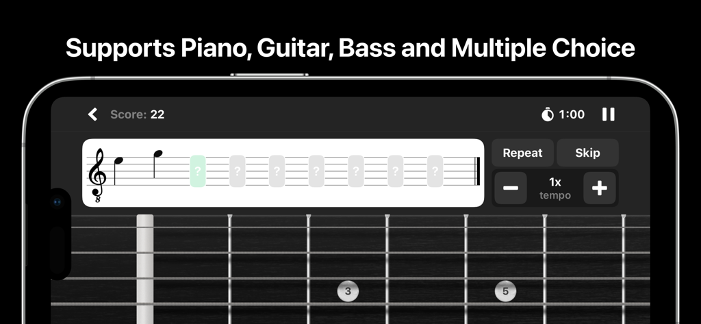 Chet ear training app displaying a guitar fretboard and musical notation for learning music theory.
