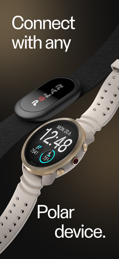 A Polar smartwatch and chest strap heart rate monitor displaying device connectivity.