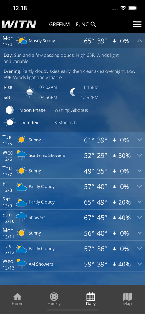 Previsão do tempo de 10 dias para Greenville, Carolina do Norte, no WITN Weather App