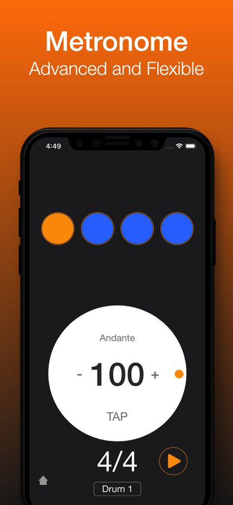 Advanced metronome interface within the Guitar Gravitas app showing 100 BPM and 4/4 time signature