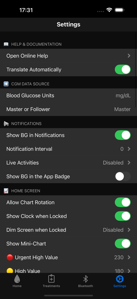 Zukka - Zukka app settings screen showing blood glucose units notification preferences and home screen customization options