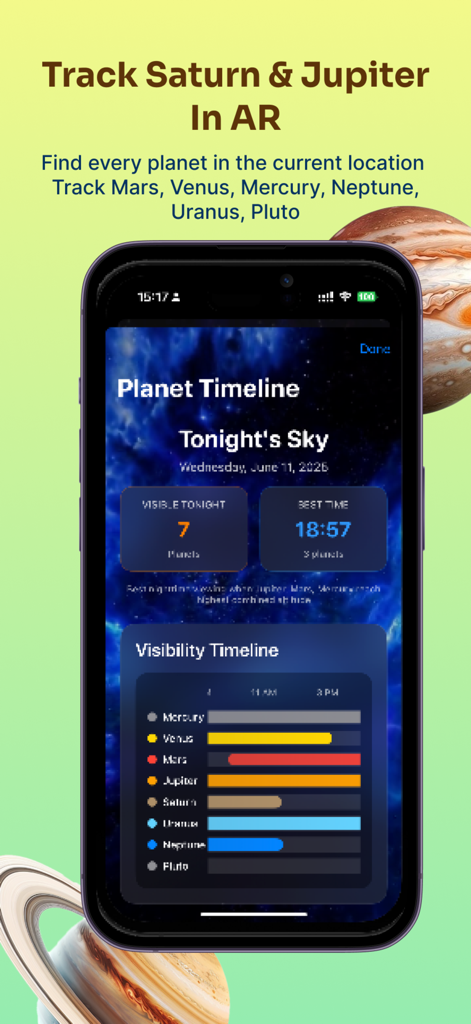 Interfaz de la aplicación Skymap que muestra una línea de tiempo de visibilidad de planetas para el cielo de esta noche.