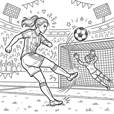 Capture the electrifying moment of a penalty kick with this dynamic coloring page. Join the excitement as a determined soccer player takes a shot while the goalkeeper makes a heroic dive.