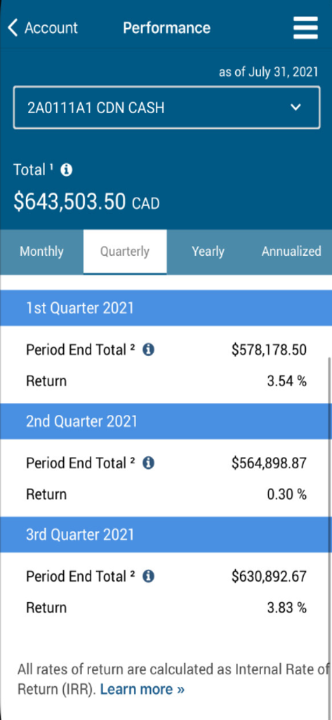 Quarterly investment performance overview in the Aviso mobile wealth management app