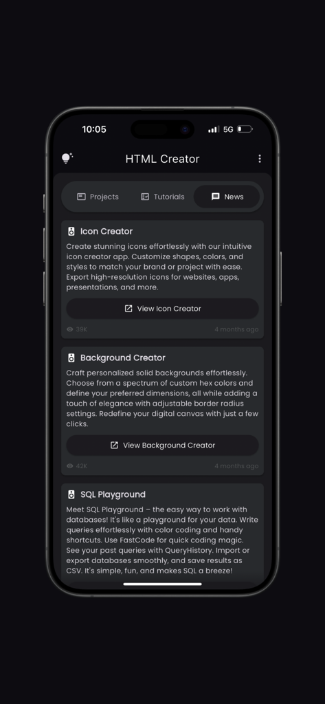 Una pantalla móvil que muestra la sección de noticias de la aplicación HTML Creator Pro con funciones como Creador de Iconos, Creador de Fondos y Entorno de Pruebas SQL.