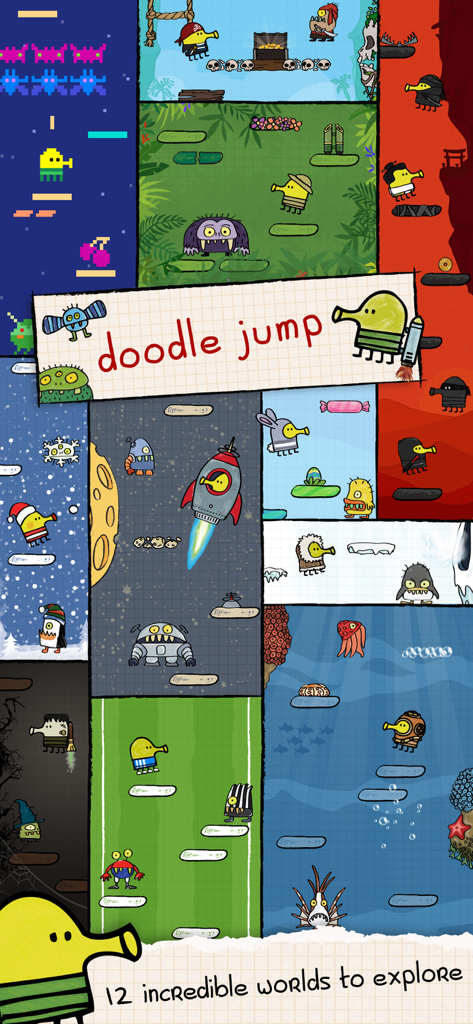 A collage showing different themed game worlds and character skins in Doodle Jump