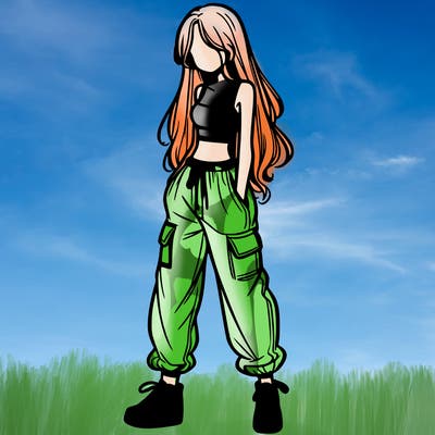 girl in baggy pants crop top and long hair