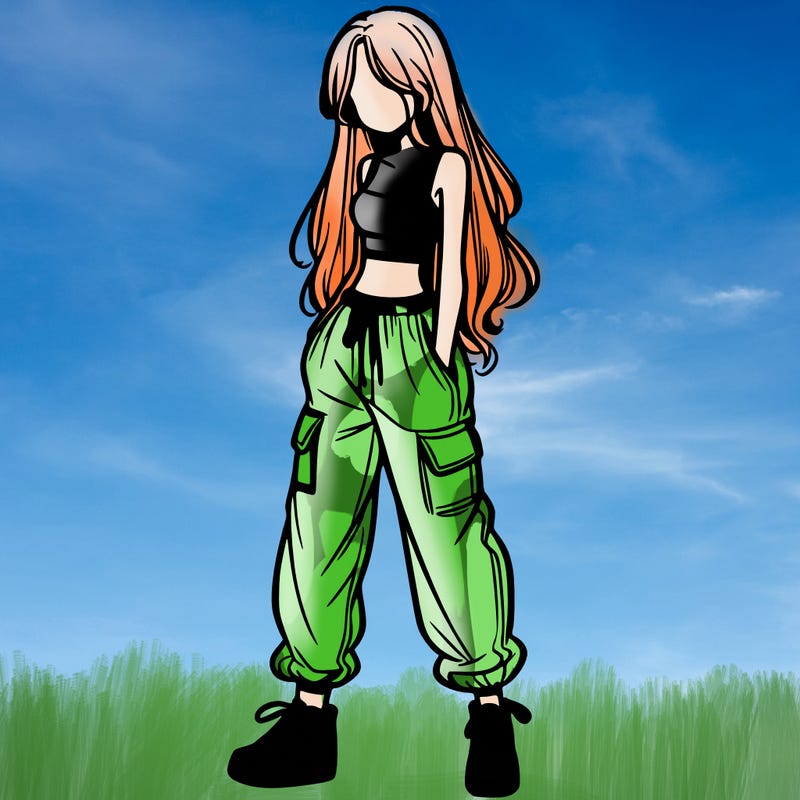 girl in baggy pants crop top and long hair