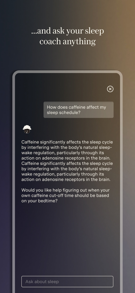 Loftie - A chat interface within the Loftie app where an AI sleep coach answers a question about caffeine's effect on sleep patterns.