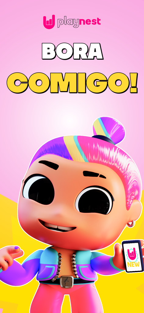 PlayNest - Un personaje mascota 3D colorido sosteniendo un smartphone con el logo de PlayNest sobre un fondo vibrante rosa y amarillo.