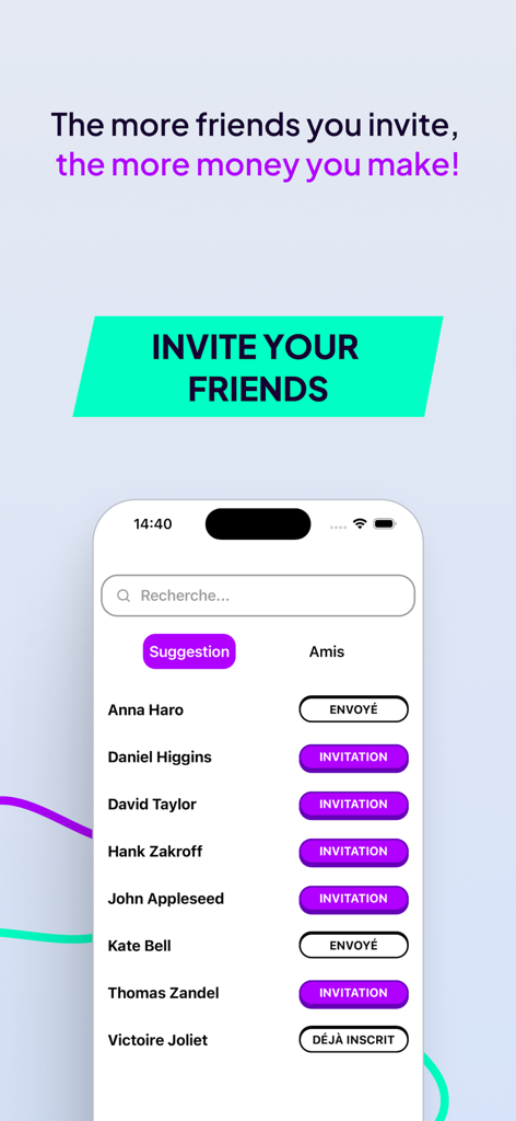 Rubi pays you - Captura de pantalla de la app Rubi mostrando la pantalla de referencias con el mensaje '¡Cuantos más amigos invites, más dinero ganarás!'