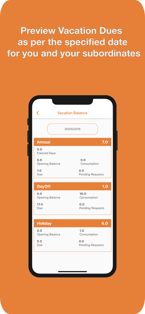 MAESTRO HCM - MAESTRO HCM mobile app screen displaying vacation balance and leave dues for employees and managers