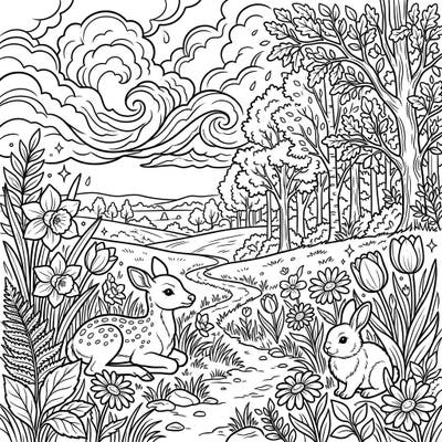 Immerse yourself in a beautiful spring meadow scene, where a gentle fawn and a fluffy rabbit rest amidst blooming flowers, under a sky suggesting the peaceful rumble of distant thunder. This intricate coloring page invites you to bring the tranquil yet atmospheric beauty of early spring to life with your favorite colors.
