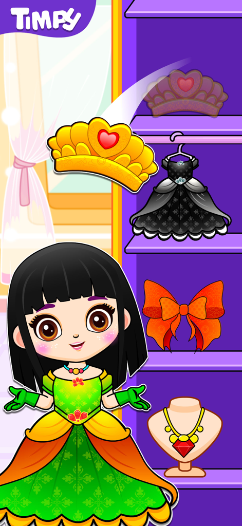 Games for 3 Year Old Girls - Cartoon girl in a green princess dress choosing accessories from a purple closet shelf