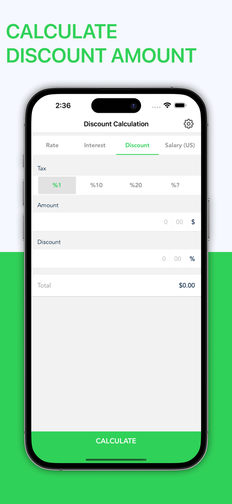 割引と売上税の計算画面が表示されているモバイルアプリのインターフェース