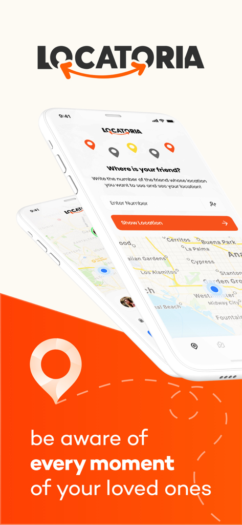 Locatoria - Find Location - Locatoriaモバイルアプリのインターフェイス、家族の安全のためのGPSマップ追跡と電話番号検索を表示