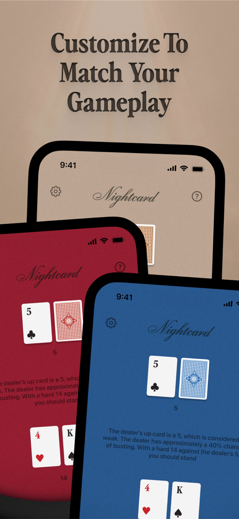 Aplicación de entrenamiento de blackjack Nightcard que muestra temas de mesa personalizables en rojo, azul y tostado