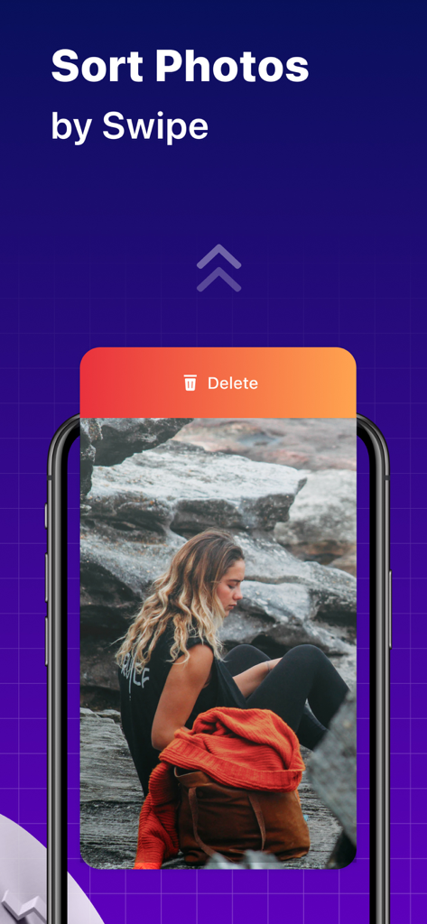 Smartphone screen demonstrating the swipe-to-delete photo sorting feature in the Photo Cleaner app.