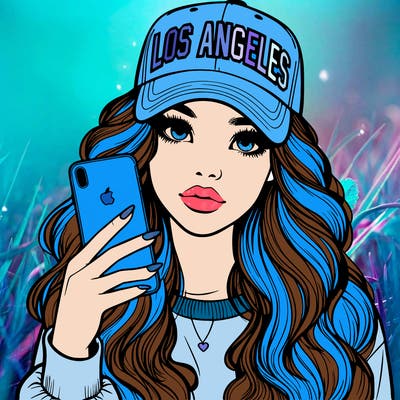 realistic beautiful girl wearing los ángeles cap holding an iphone