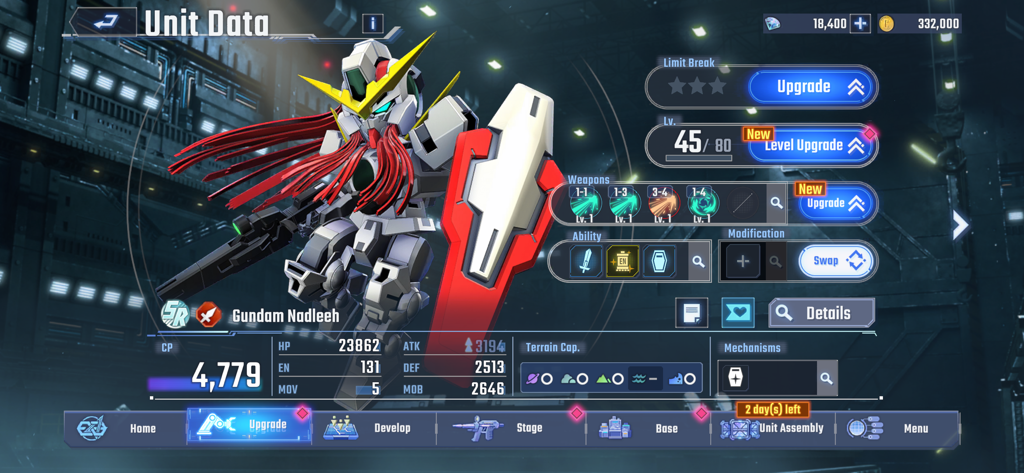Dati e statistiche dell'unità per Gundam Nadleeh in SD Gundam G Generation ETERNAL