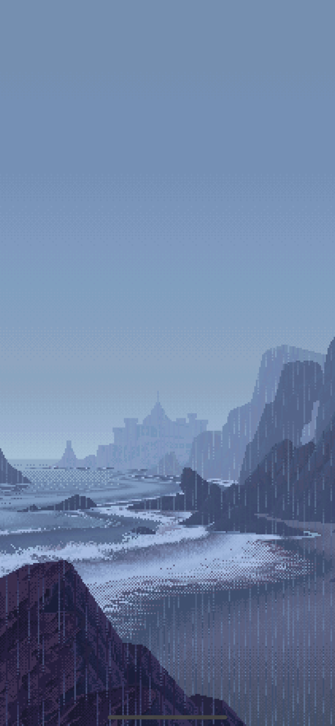Living Worlds - Mark Ferrari - Pixel art illustration of a rainy coastline with rocky cliffs and a distant castle