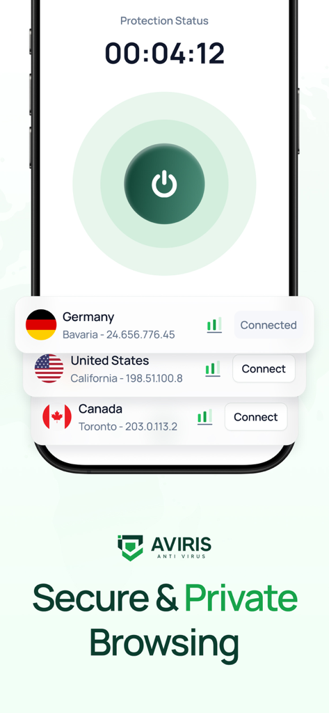 AVIRIS: Mobile Security, VPN - AVIRIS app interface showing secure VPN connection and private browsing status