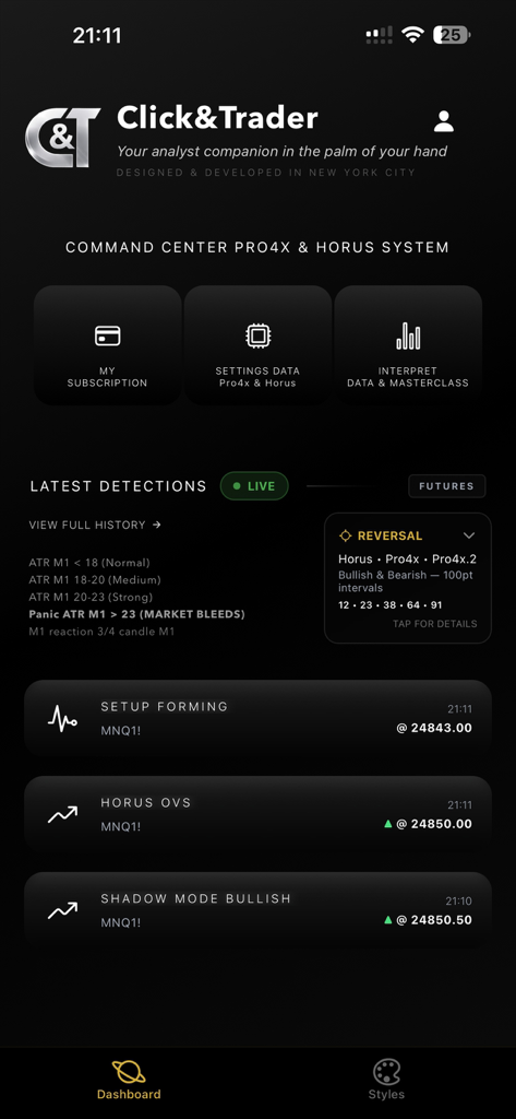 Click&Trader - Panel de la aplicación móvil Click and Trader con alertas de trading de futuros en vivo y detecciones del mercado