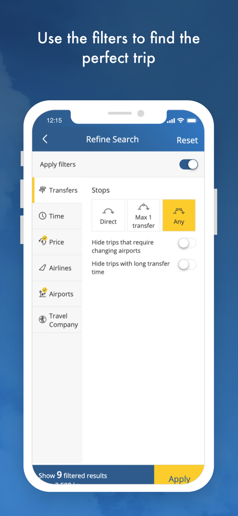 Flygresor app search filter screen for selecting number of stops and transfers