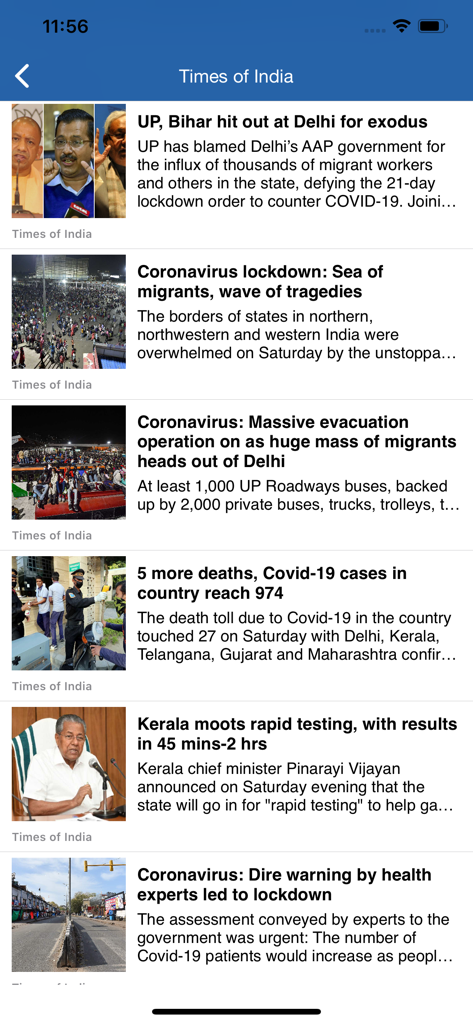 Screenshot of the Breaking News India app showing a feed of bite-sized headlines from Times of India