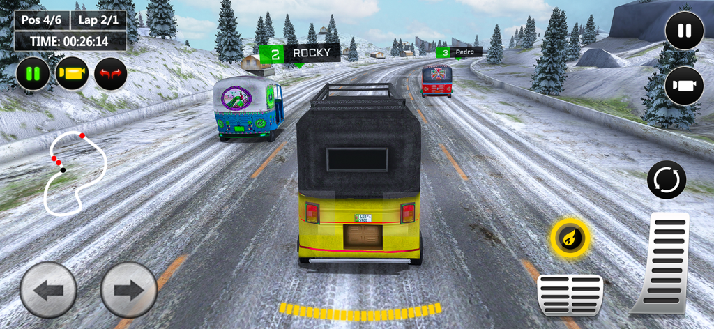 A yellow rickshaw racing other drivers on a snowy mountain road in Auto Tuk Tuk Driving Games.