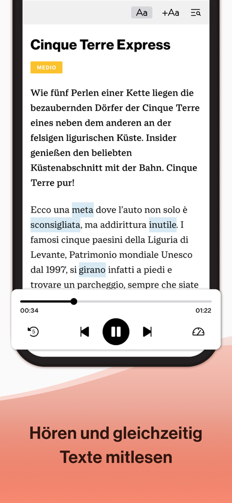 ADESSOアプリのインターフェース。イタリア語記事と、同時に聞いたり読んだりできる内蔵オーディオプレーヤーが表示されています。