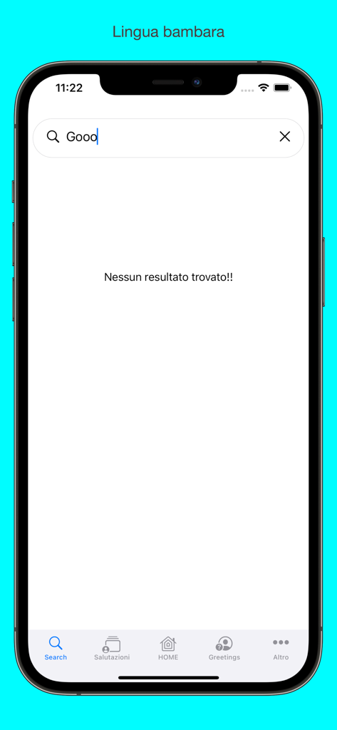 Bambara - Pantalla de búsqueda de la aplicación de aprendizaje de idiomas Bambara que muestra una barra de búsqueda y un menú de navegación inferior en un iPhone.