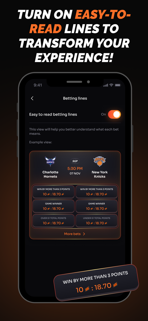 ReBet: Social Sports & Casino - Mobile app interface showing simplified betting lines for an NBA game on the Rebet social sportsbook.