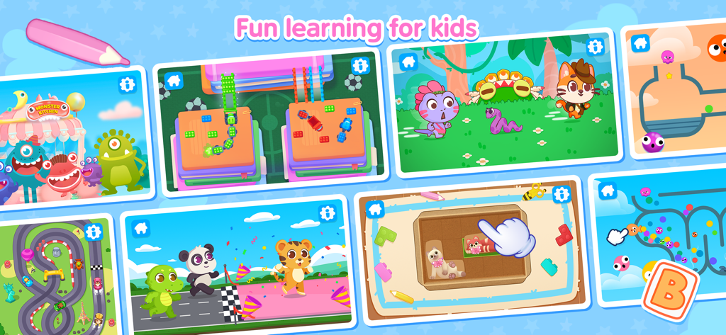 Joyville: Kids Learning Games - Una colección de minijuegos educativos para niños con personajes coloridos y diversas actividades de aprendizaje.