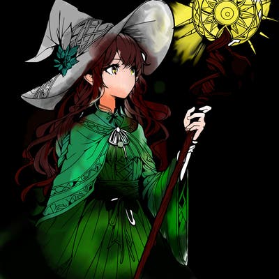 a realistic fantasy manga witch with a staff