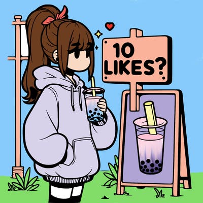 girl with oversized hoodie drinking boba and she has a high ponytail with a sign that says 10likes?