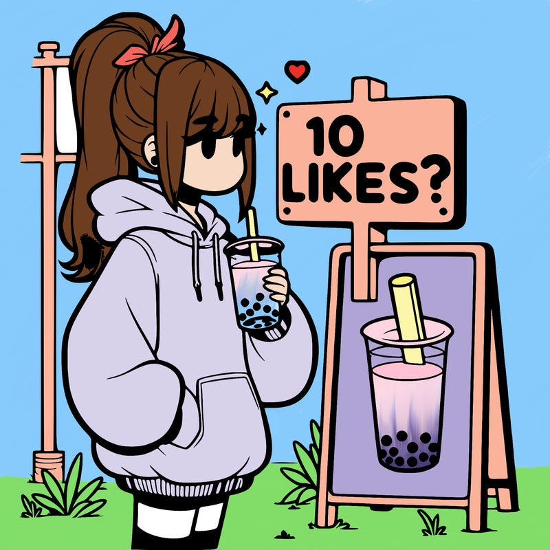girl with oversized hoodie drinking boba and she has a high ponytail with a sign that says 10likes?